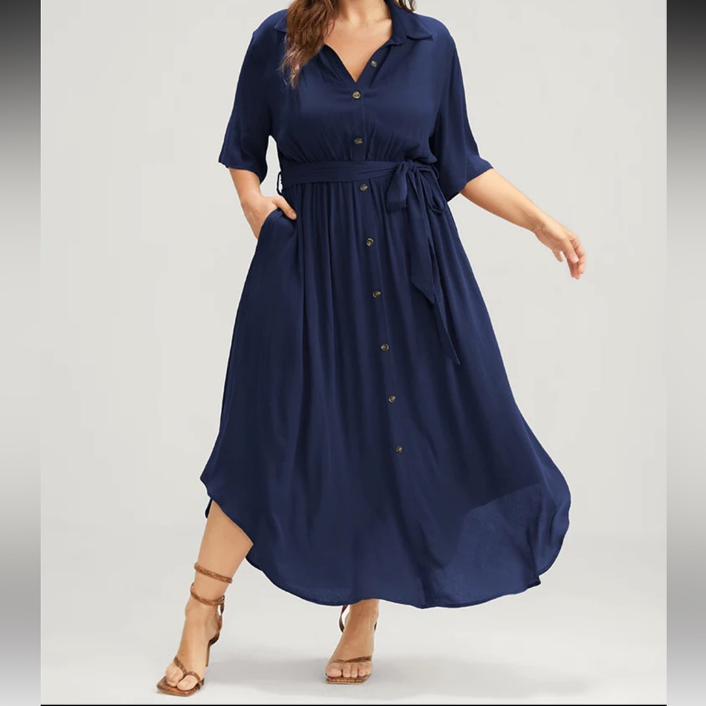 Solid Button Pocket Shirt Collar Belted Maxi Dress